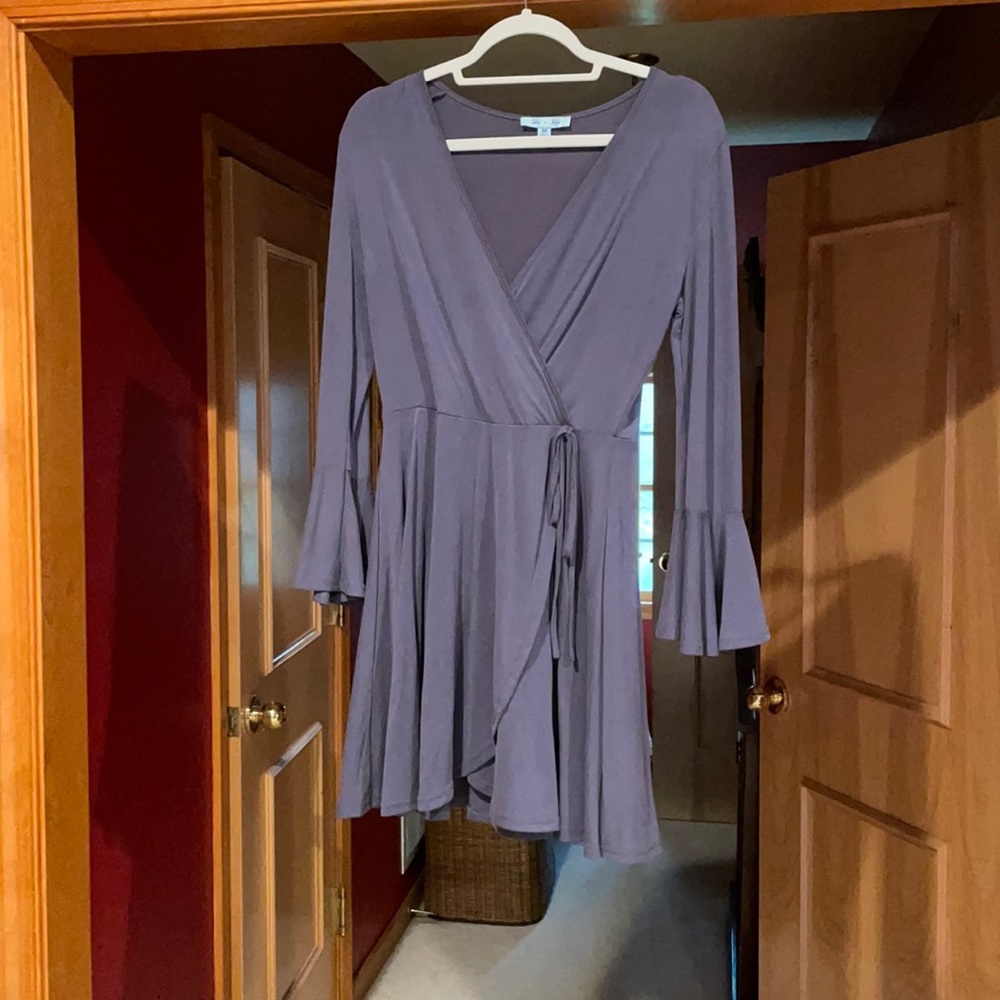 Long sleeve bell sleeve faux wrap dress